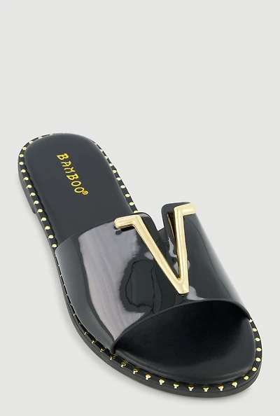 Metallic V Pendant Notched Band Slide Sandals