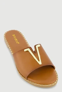Metallic V Pendant Notched Band Slide Sandals