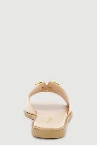 Metallic V Pendant Notched Band Slide Sandals