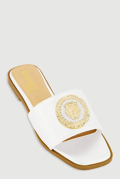 Womens Lion Pendant Slide Sandals, White, Size 8.5