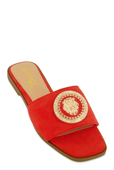 Womens Lion Pendant Slide Sandals, Red, Size 6