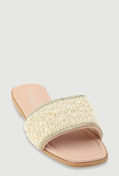 Faux Pearl Band Slide Sandals