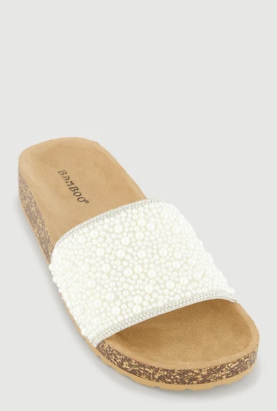 Rhinestone Trim Faux Pearl Band Footbed Sandal