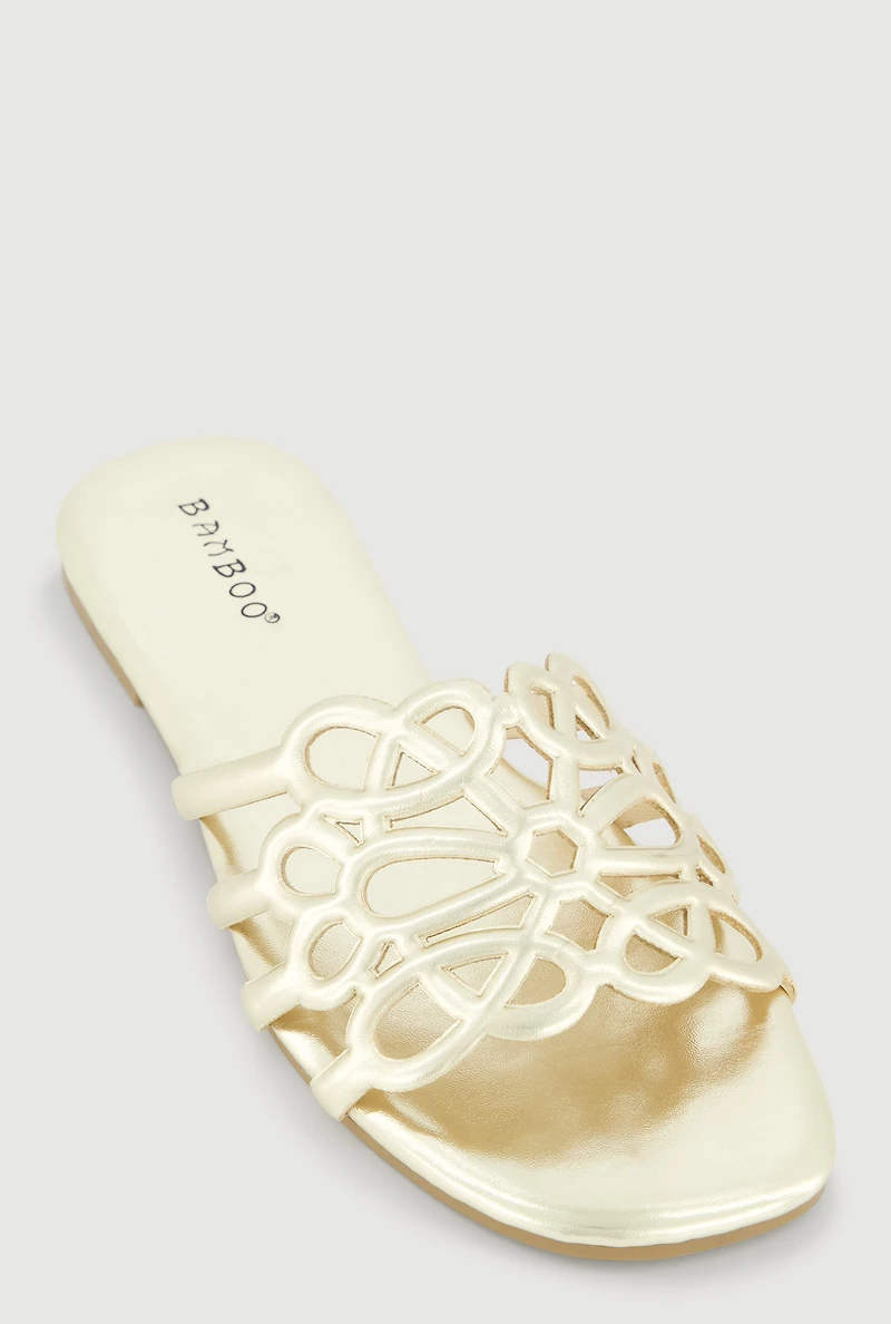 Faux Leather Geometric Band Detail Slide Sandals