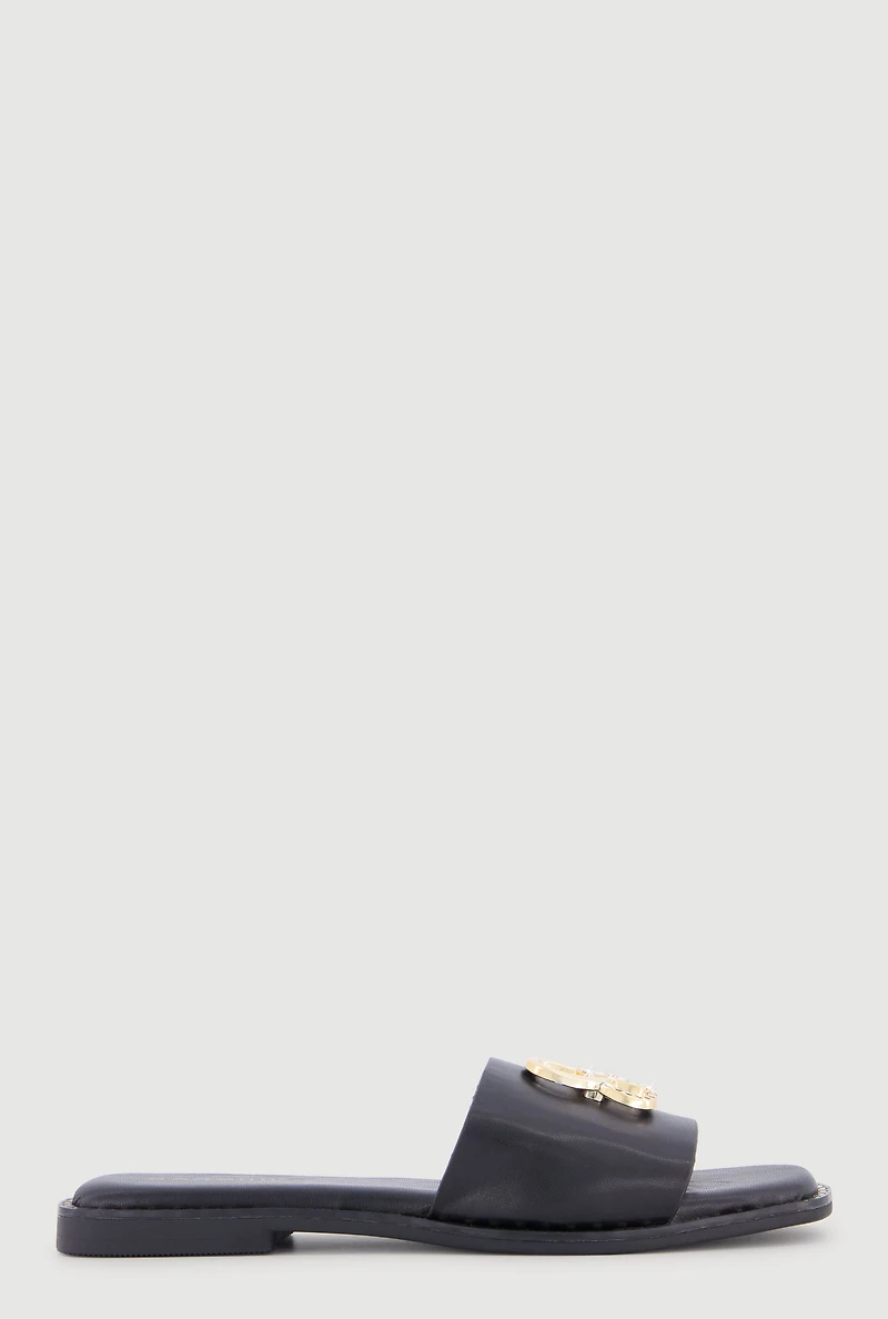 Metallic Rhinestone Pendant Single Band Open Toe Sandals