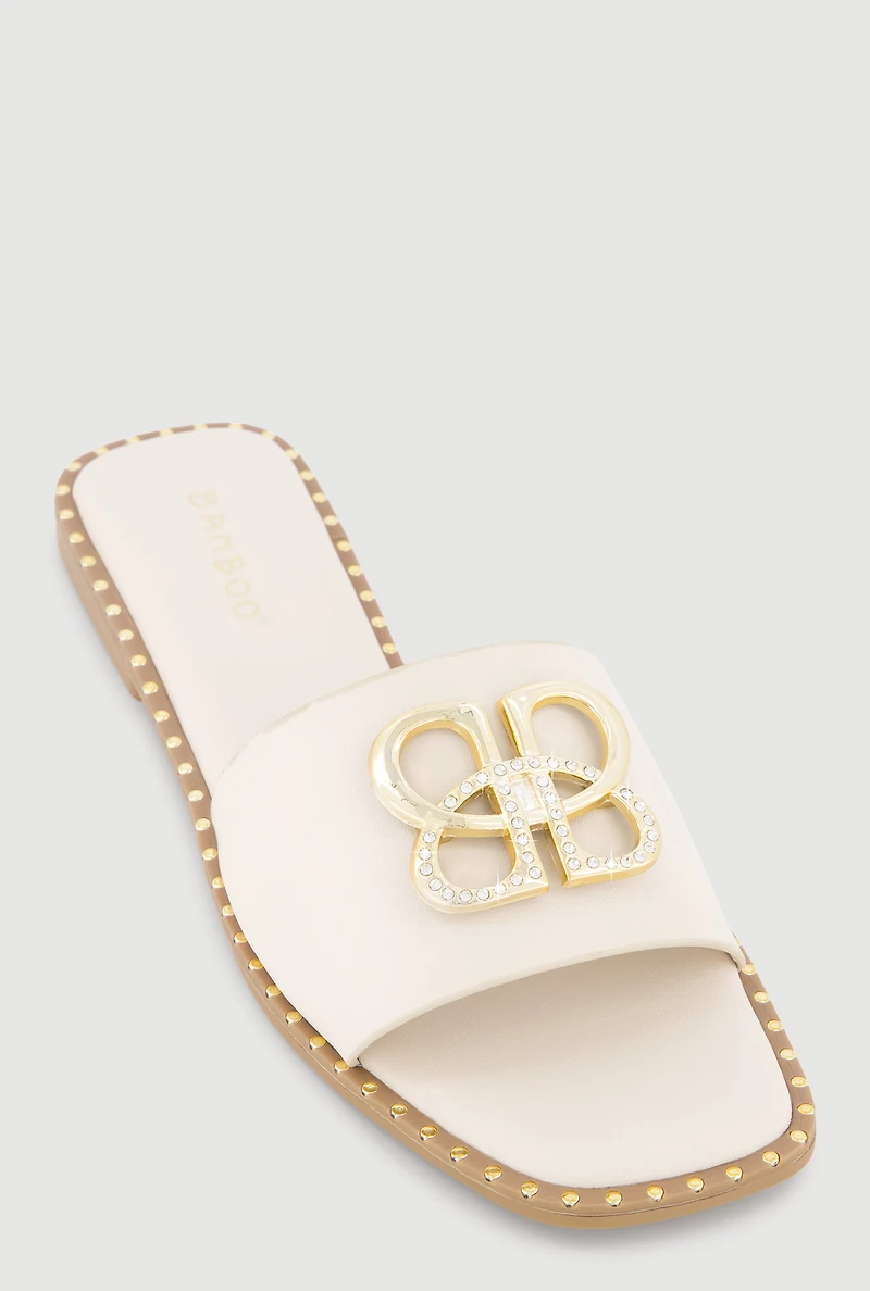 Metallic Rhinestone Pendant Single Band Open Toe Sandals