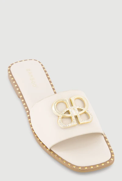 Metallic Rhinestone Pendant Single Band Open Toe Sandals