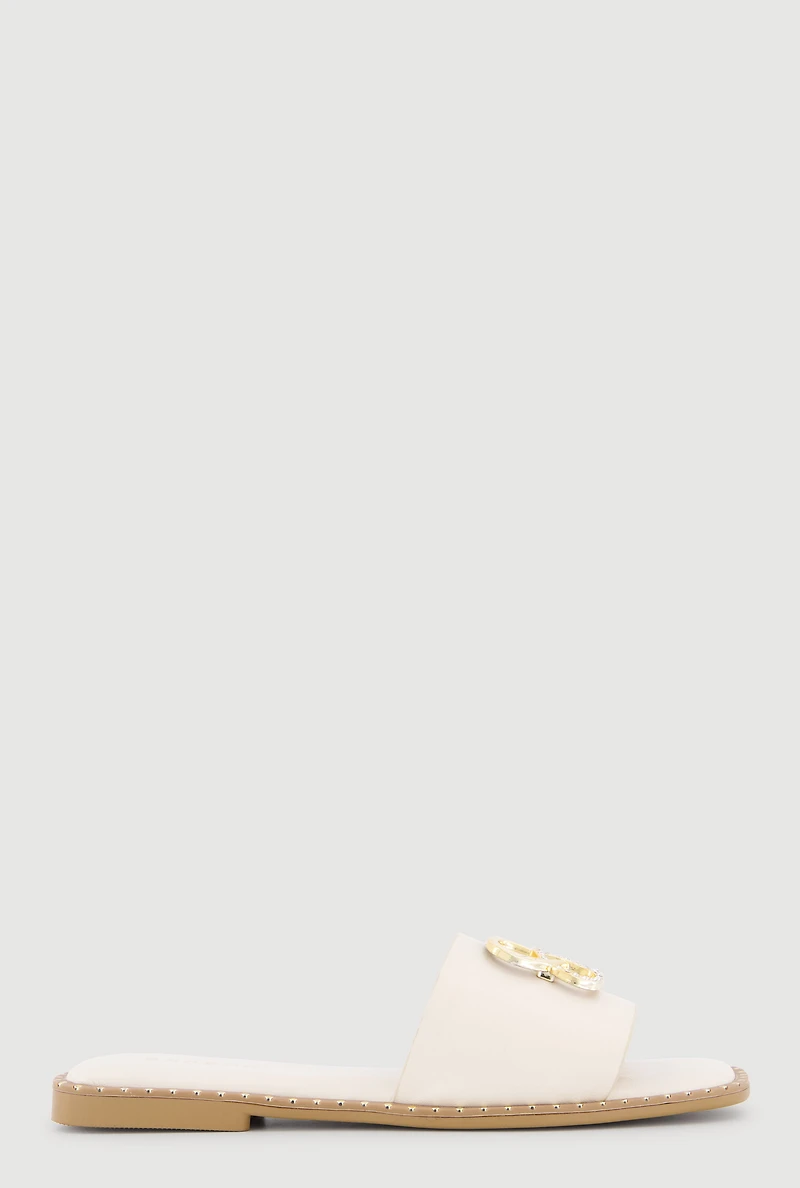 Metallic Rhinestone Pendant Single Band Open Toe Sandals