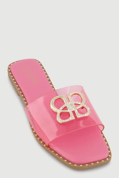 Metallic Rhinestone Pendant Single Band Open Toe Sandals