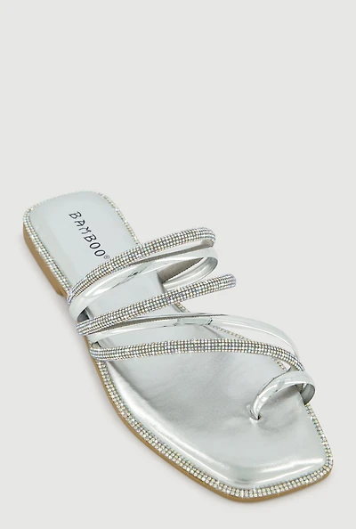 Asymmetrical Metallic Rhinestone Strappy Toe Loop Sandals