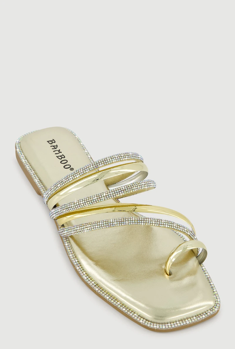 Asymmetrical Metallic Rhinestone Strappy Toe Loop Sandals