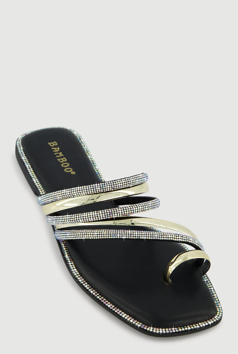 Asymmetrical Metallic Rhinestone Strappy Toe Loop Sandals