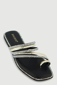 Asymmetrical Metallic Rhinestone Strappy Toe Loop Sandals