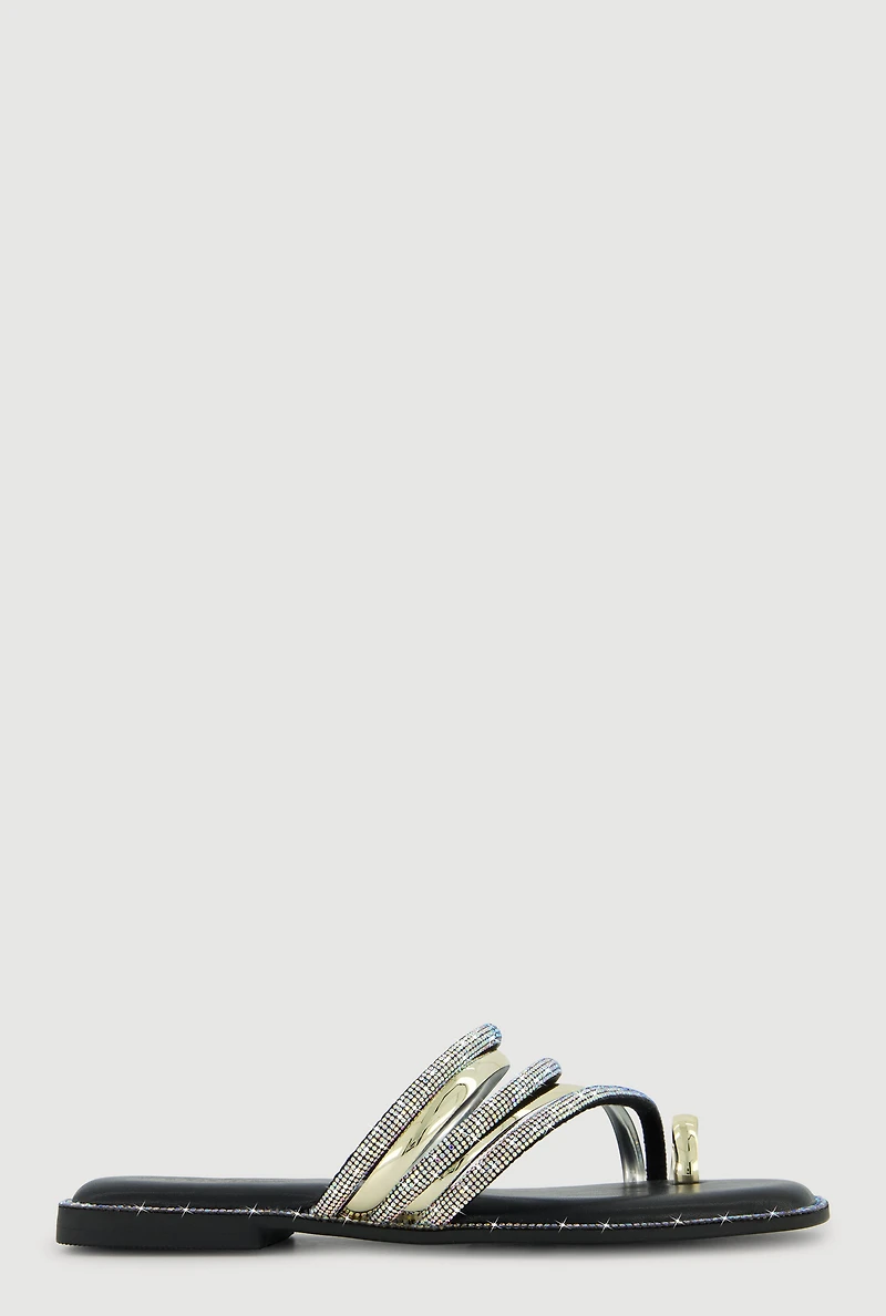 Asymmetrical Metallic Rhinestone Strappy Toe Loop Sandals