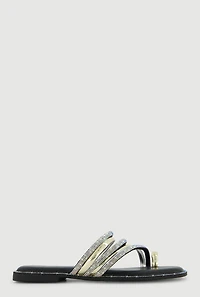 Asymmetrical Metallic Rhinestone Strappy Toe Loop Sandals