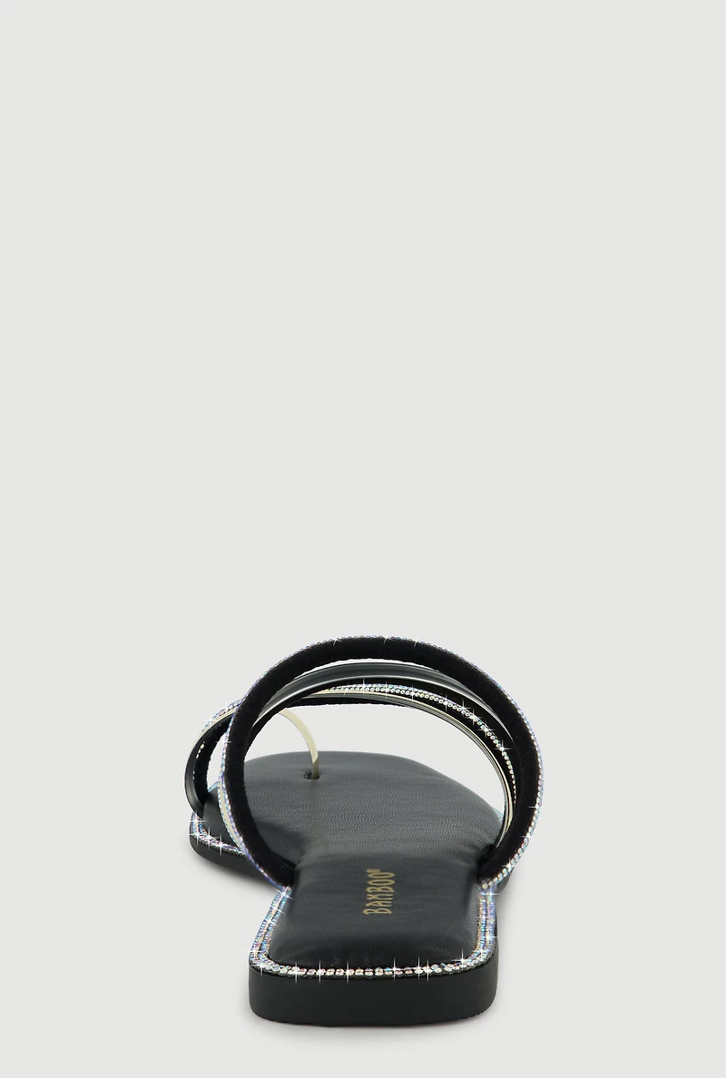 Asymmetrical Metallic Rhinestone Strappy Toe Loop Sandals