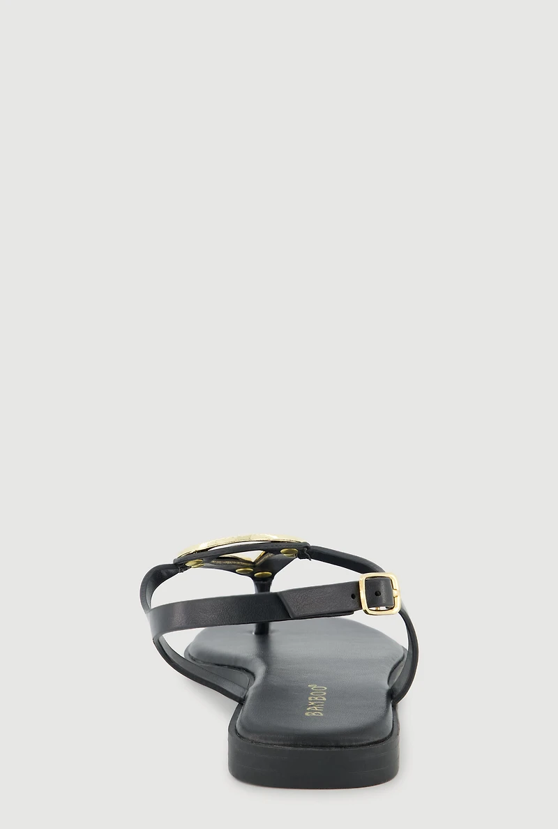 Metallic Loop Pendant Ankle Strap Thong Sandals