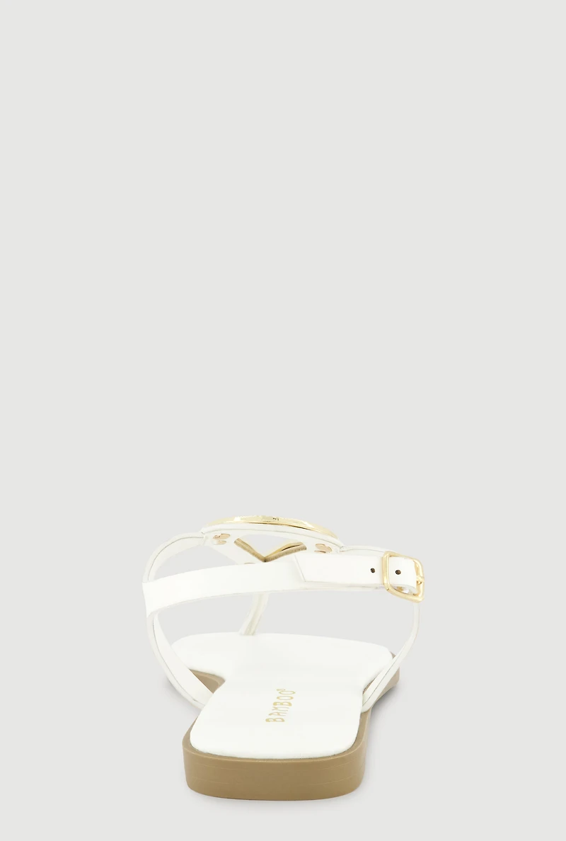 Metallic Loop Pendant Ankle Strap Thong Sandals