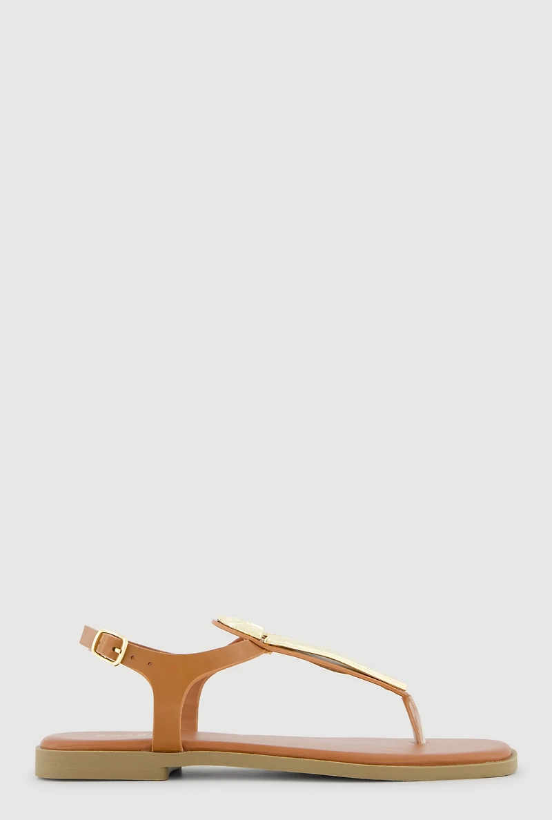 Metallic Loop Pendant Ankle Strap Thong Sandals