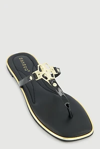 Metallic Pendant Faux Leather Thong Sandals