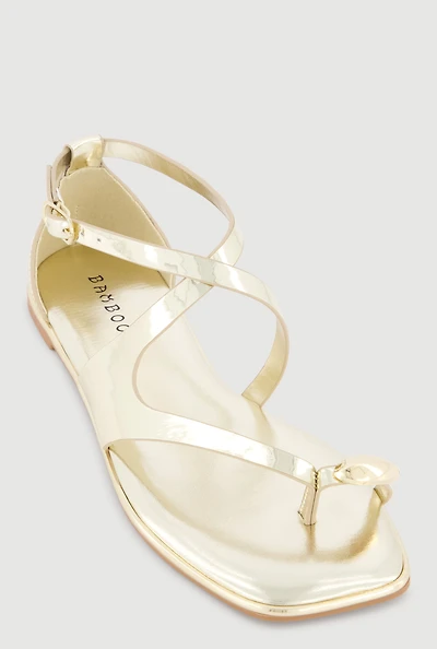 Metallic Detail Faux Leather Open Toe Sandals