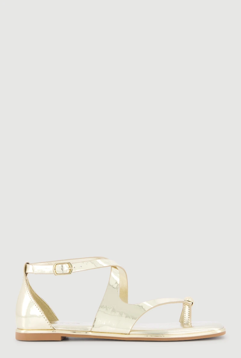 Metallic Detail Faux Leather Open Toe Sandals