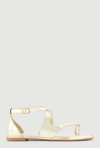 Metallic Detail Faux Leather Open Toe Sandals