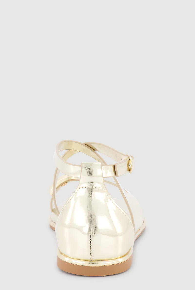 Metallic Detail Faux Leather Open Toe Sandals
