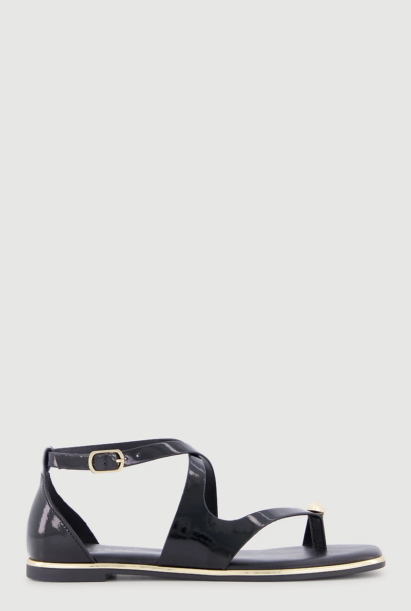 Metallic Detail Faux Leather Open Toe Sandals