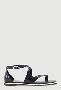 Metallic Detail Faux Leather Open Toe Sandals