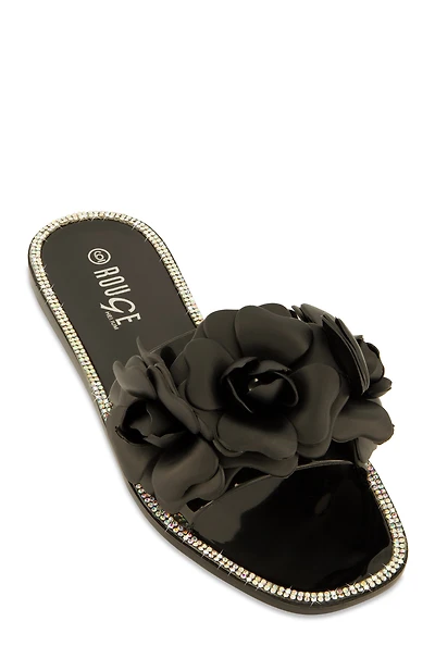 Womens Flower Band Jelly Slide Sandals, Black, Size 6