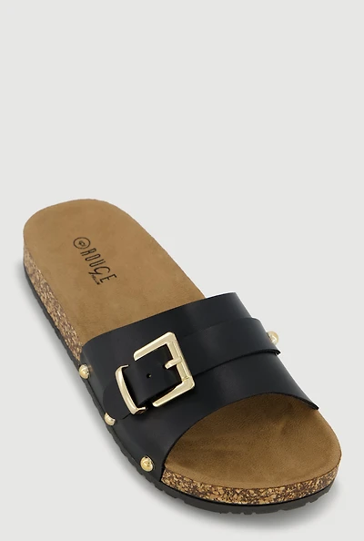 Metallic Buckle Cork Slide Sandals