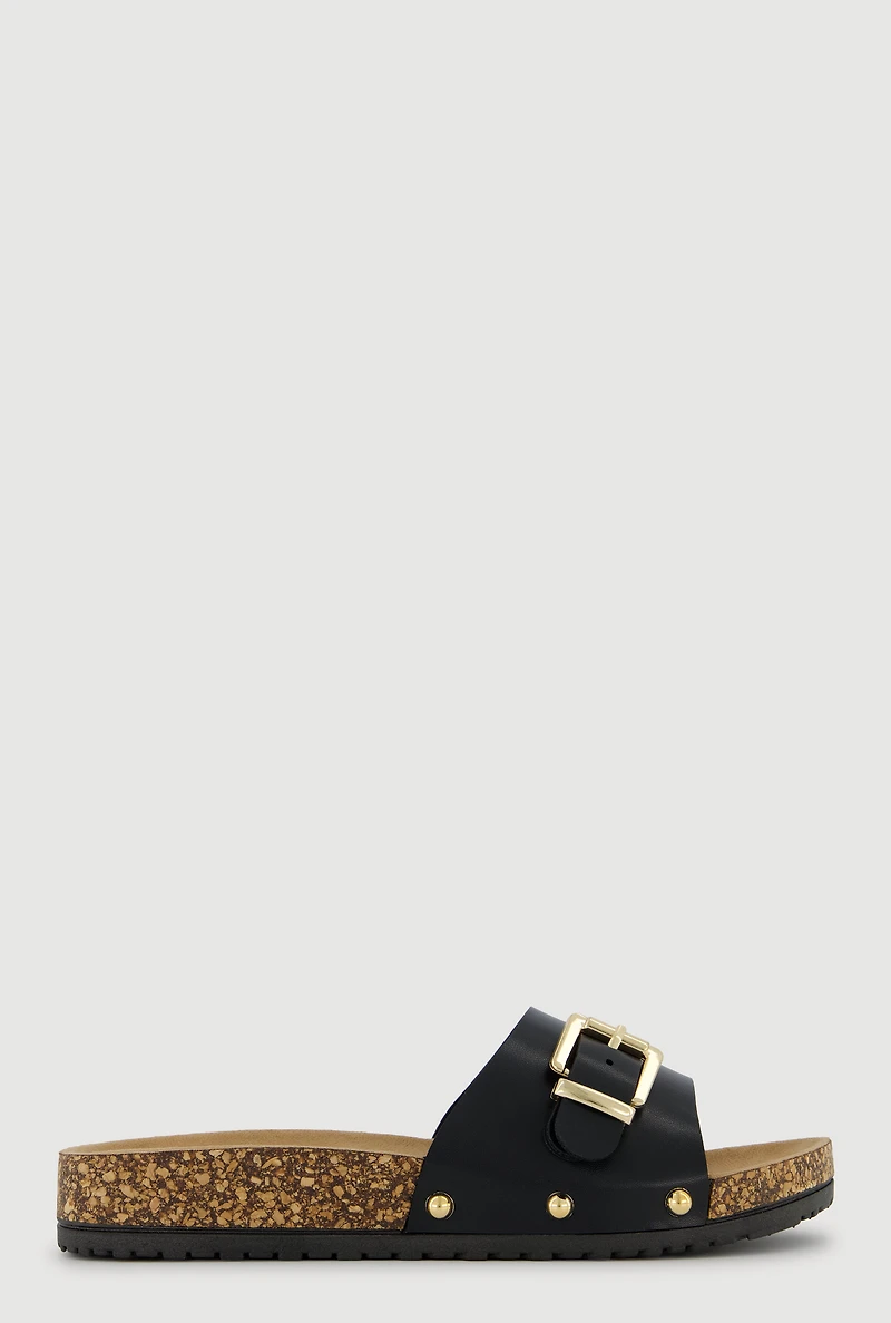Metallic Buckle Cork Slide Sandals