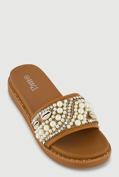 Rhinestone Faux Pearl Band Slide Sandals