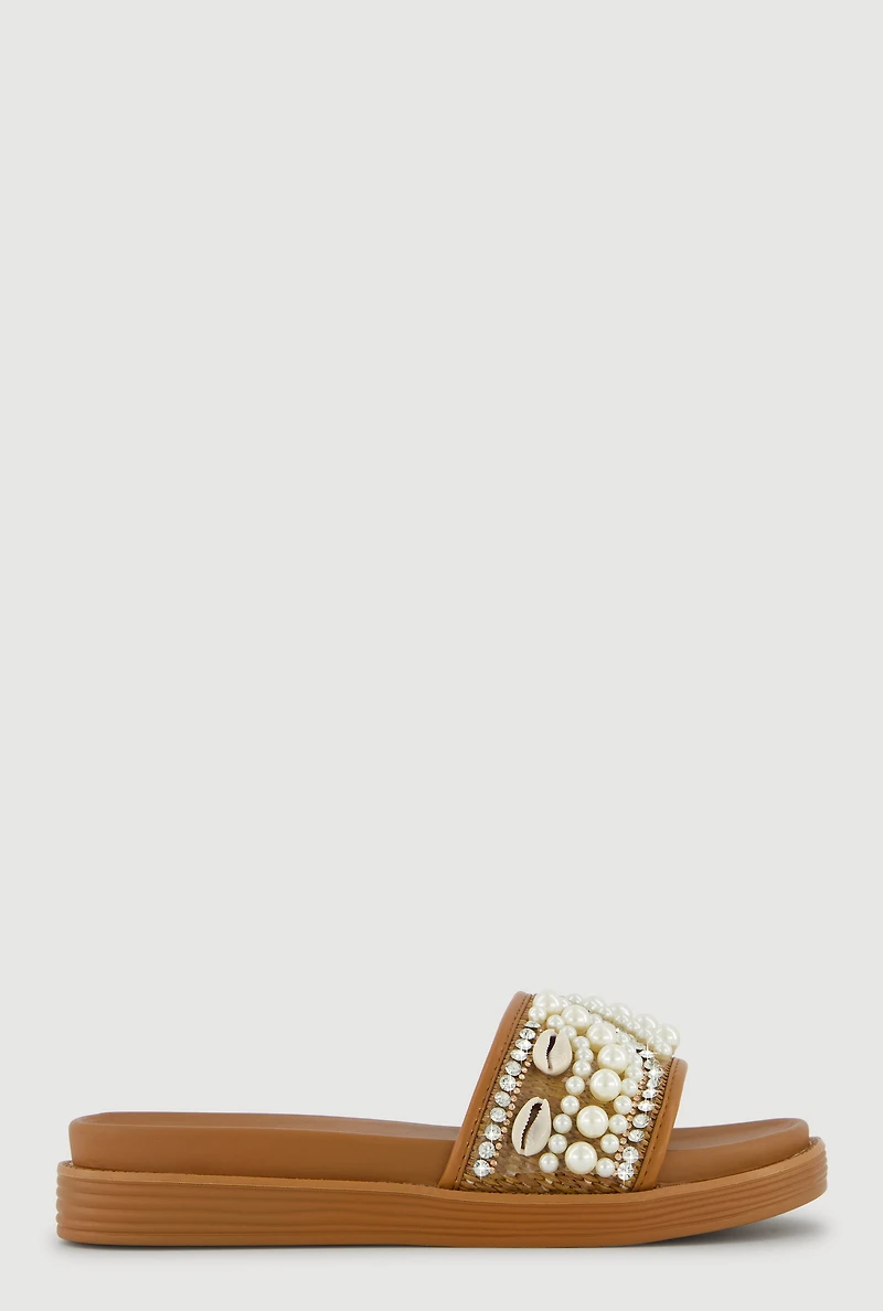 Rhinestone Faux Pearl Band Slide Sandals