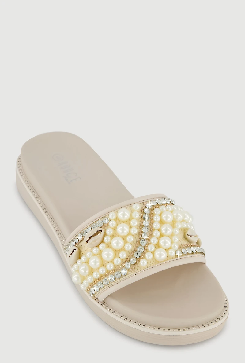 Rhinestone Faux Pearl Band Slide Sandals