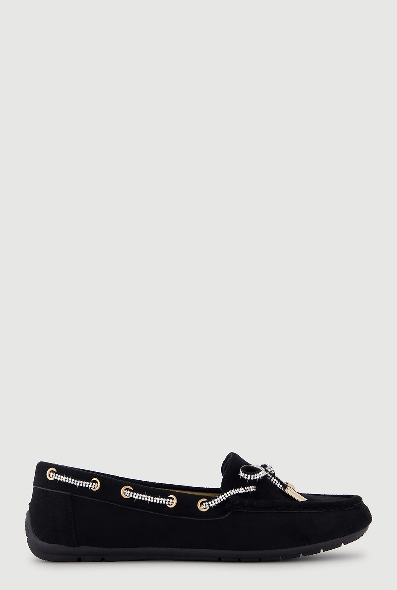 Rhinestone Bow Detail Faux Suede Loafers