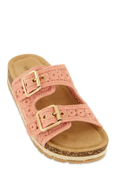 Womens Crochet Double Buckle Espadrille Footbed Sandals, Pink, Size 9