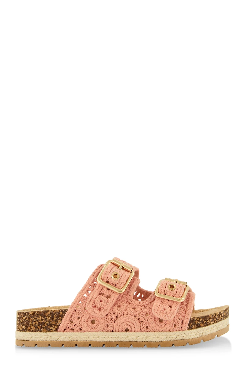 Womens Crochet Double Buckle Espadrille Footbed Sandals, Pink, Size 9