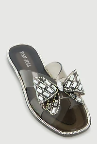 Open Toe Rhinestone Bow Band Slide Sandals