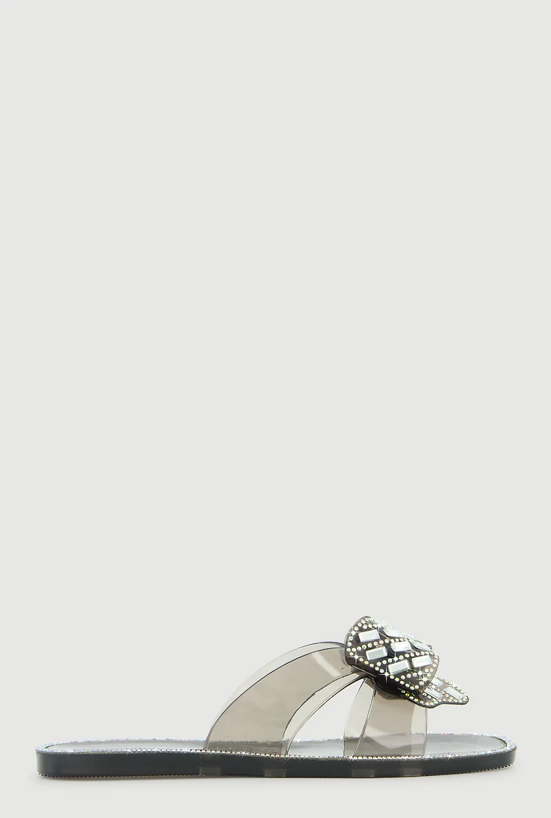 Open Toe Rhinestone Bow Band Slide Sandals