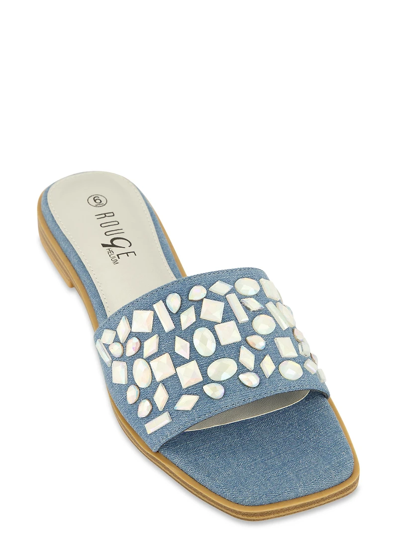 Gemstone Band Square Toe Slide Sandals