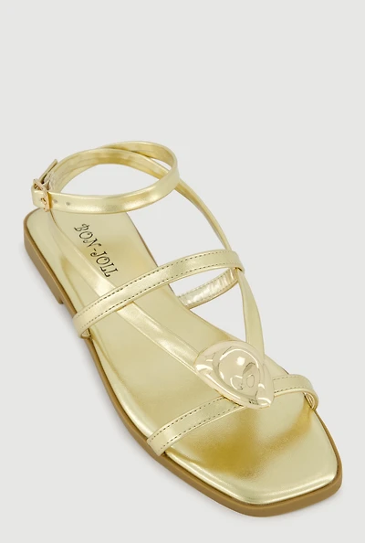 Faux Leather Metallic Detail Open Toe Sandals