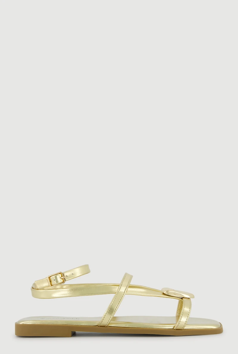 Faux Leather Metallic Detail Open Toe Sandals