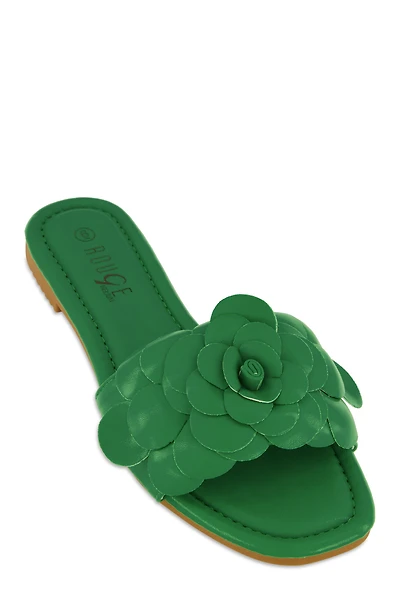Faux Leather Flower Band Slide Sandals