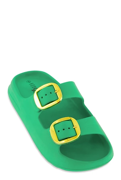 Womens Double Buckle Band Slide Sandals,