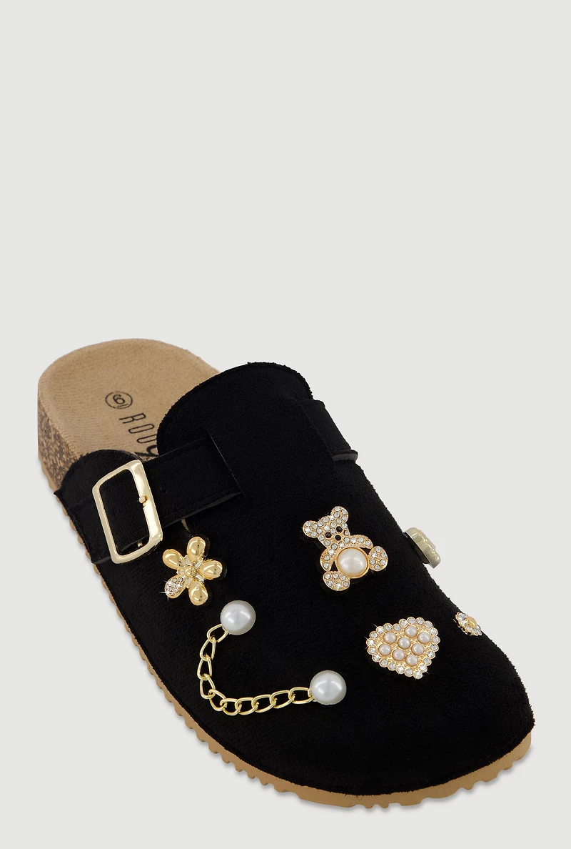 Womens Faux Suede Clogs with Rhinestone and Faux Pearl Charms, Black, Size 7