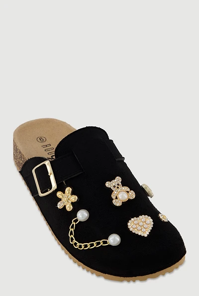 Womens Faux Suede Clogs with Rhinestone and Faux Pearl Charms, Black, Size 7