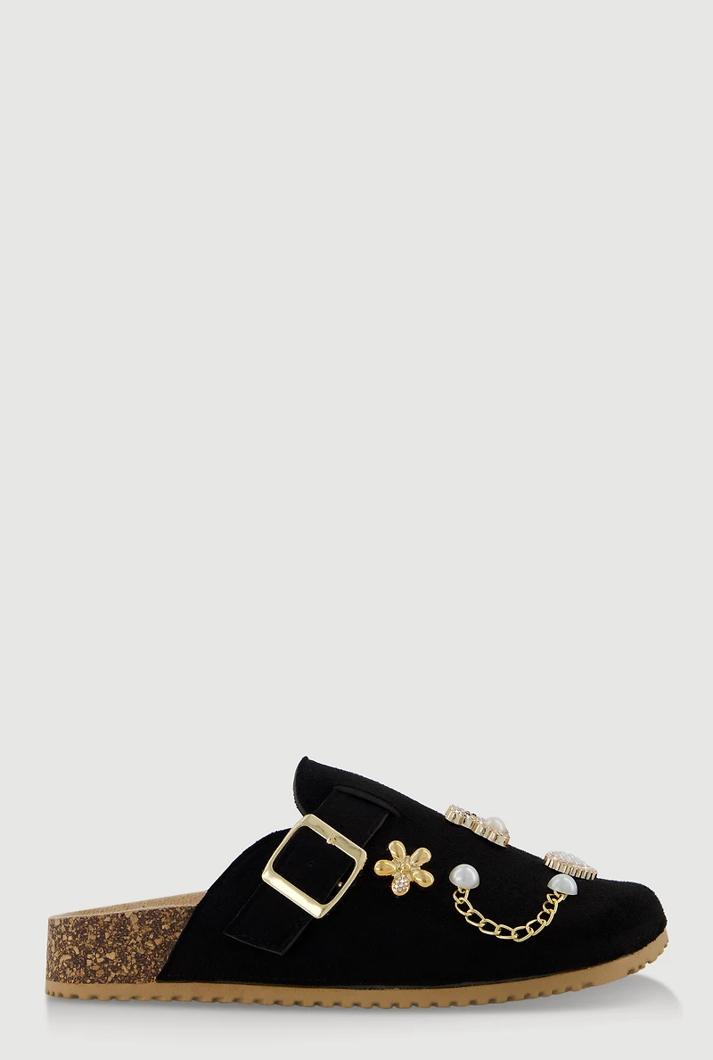 Womens Faux Suede Clogs with Rhinestone and Faux Pearl Charms, Black, Size 7