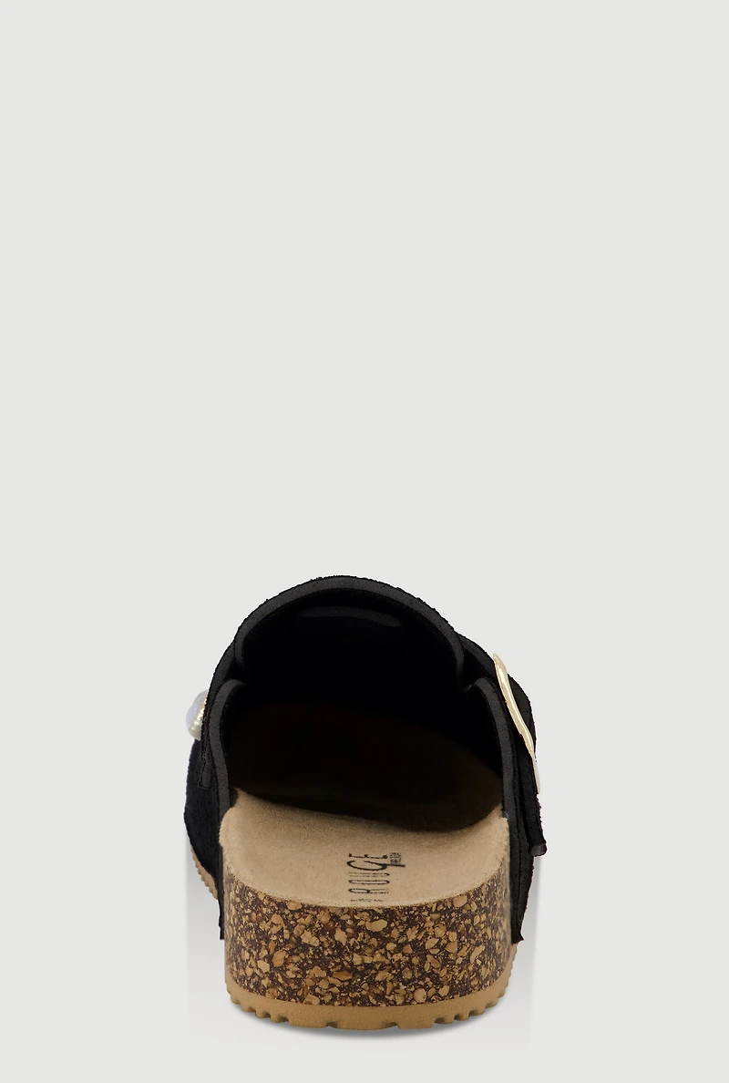 Womens Faux Suede Clogs with Rhinestone and Faux Pearl Charms, Black, Size 7